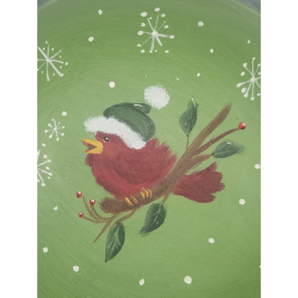Wooden Bowl Hand Painted Christmas Cardinal Bird Santa Hat 6